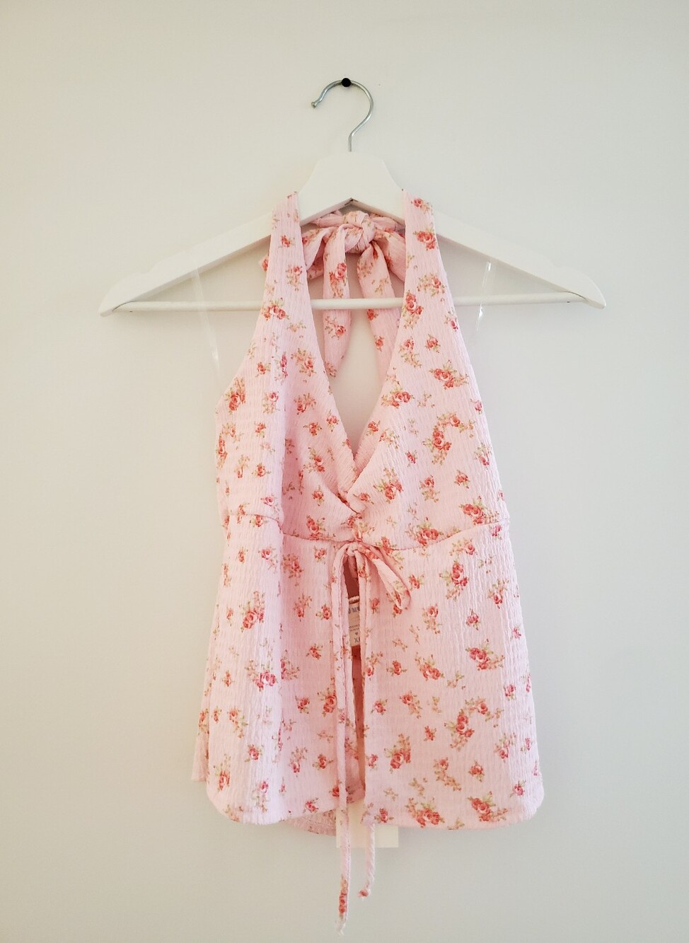 See You Monday Pink floral halter top with ruffle details